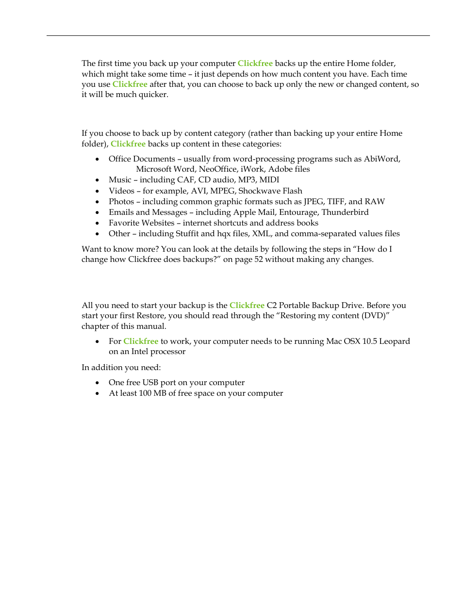 What content categories does clickfree back up, What do i need before i start, Hat do | Need before, Start | Clickfree C2 User Manual | Page 48 / 76