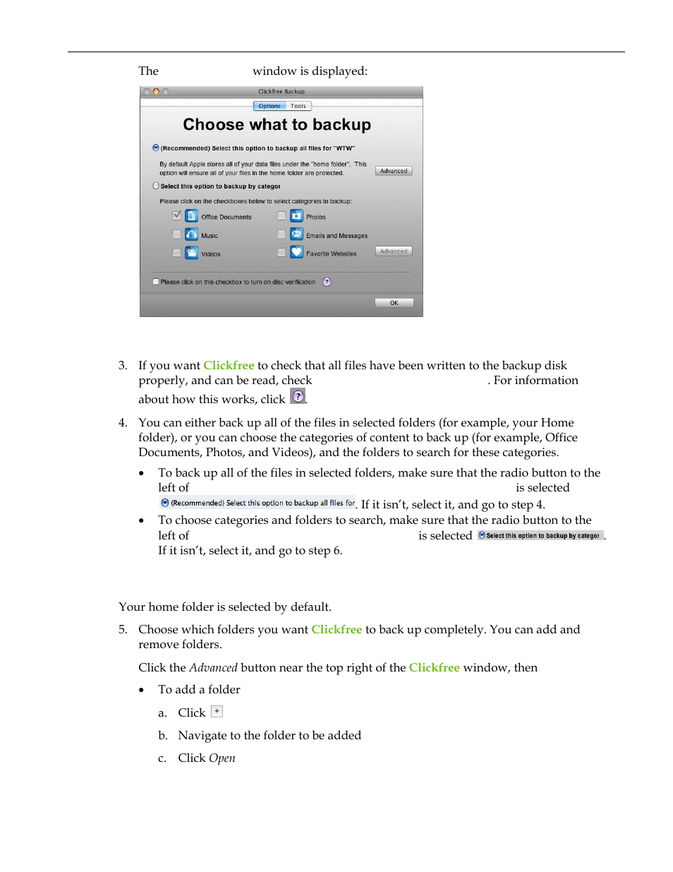 Choosing what to back up, Backing up all of the files in selected folders | Clickfree C2 User Manual | Page 53 / 76