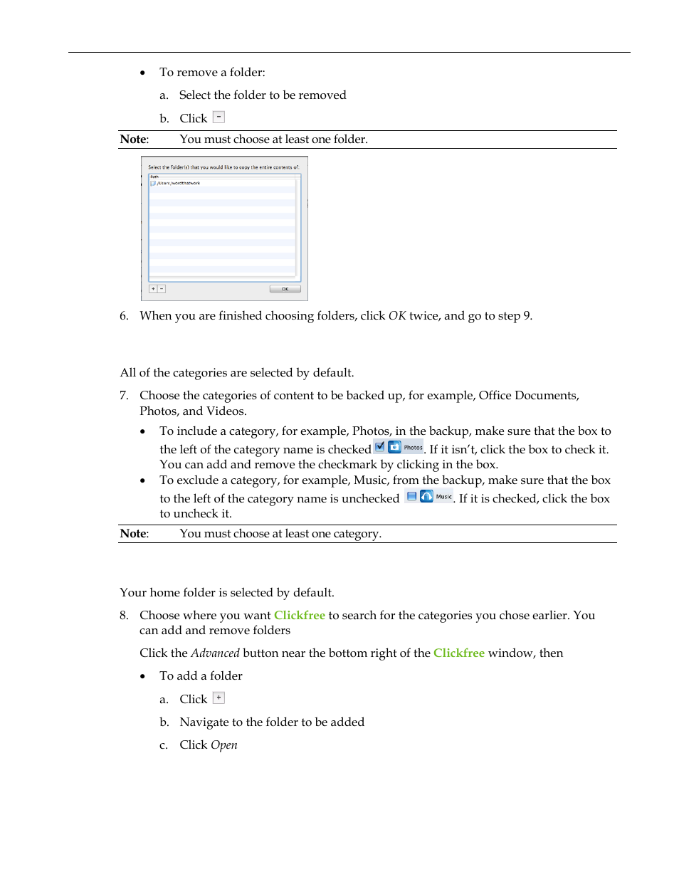 Choosing categories of content to be backed up, Choosing folders to search for content | Clickfree C2 User Manual | Page 54 / 76