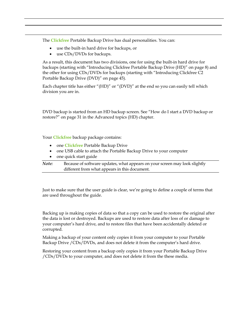 Using the clickfree portable backup drive, Starting a dvd backup, Package contents | Definitions, Back up and restore, Sing the, Lickfree, Ortable, Ackup, Rive | Clickfree C2 User Manual | Page 6 / 76