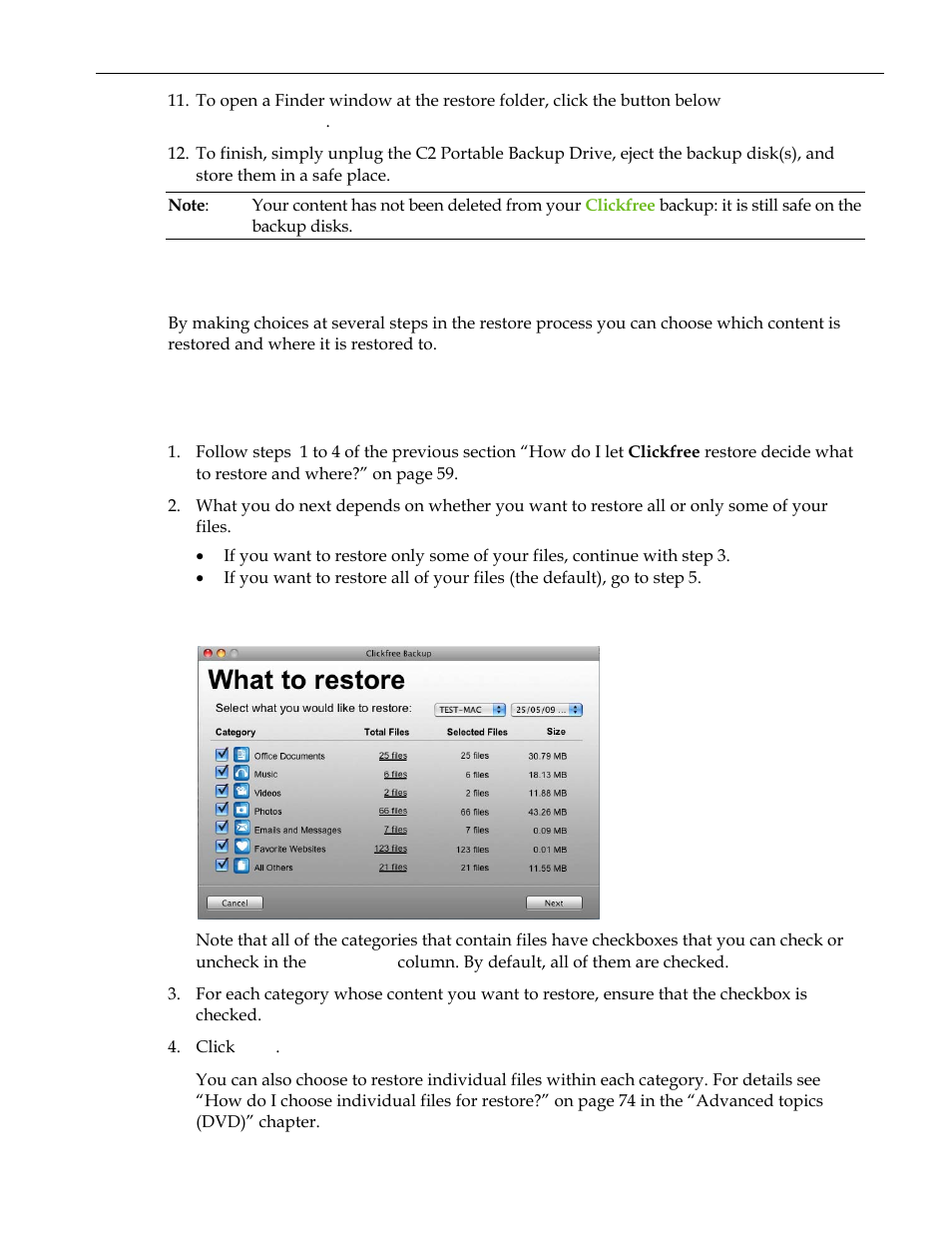 How do i change how clickfree restores content, Restoring content, Choosing categories of content to be restored | Ow do, Change how, Lickfree restores content | Clickfree C2 User Manual | Page 63 / 76