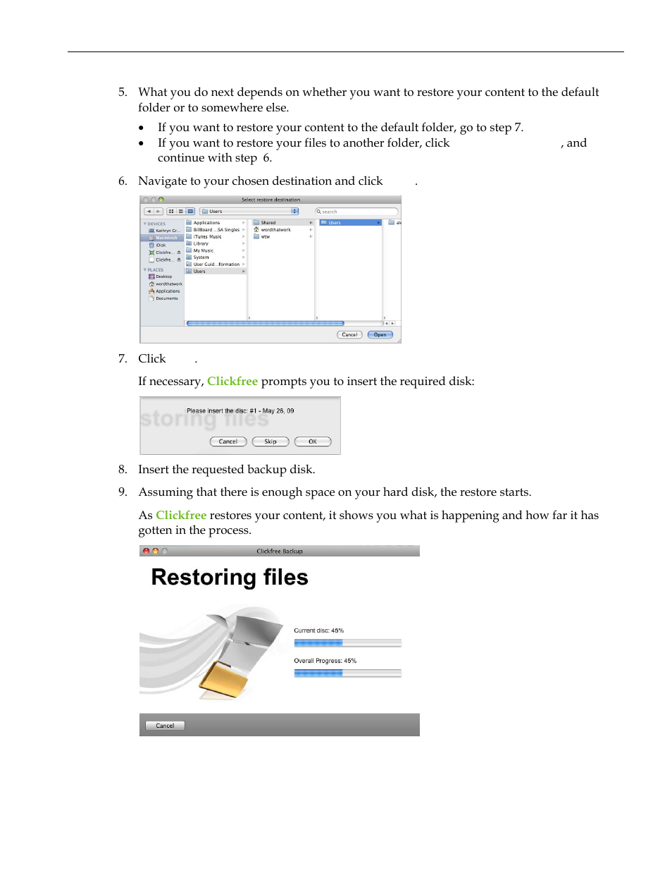 Choosing where to restore content to, Go to step 5 | Clickfree C2 User Manual | Page 64 / 76