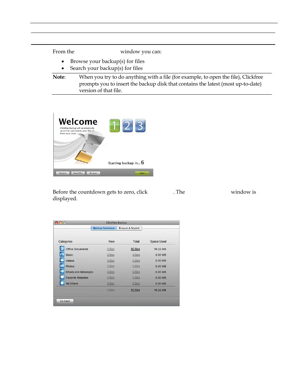 Browsing & searching for my files (dvd), Starting from the welcome window, From the backup summary window | Rowsing, Searching for my files, Dvd) 67 | Clickfree C2 User Manual | Page 67 / 76