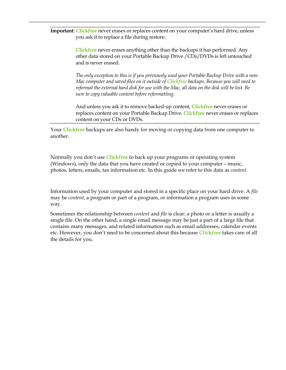 Content, File | Clickfree C2 User Manual | Page 7 / 76