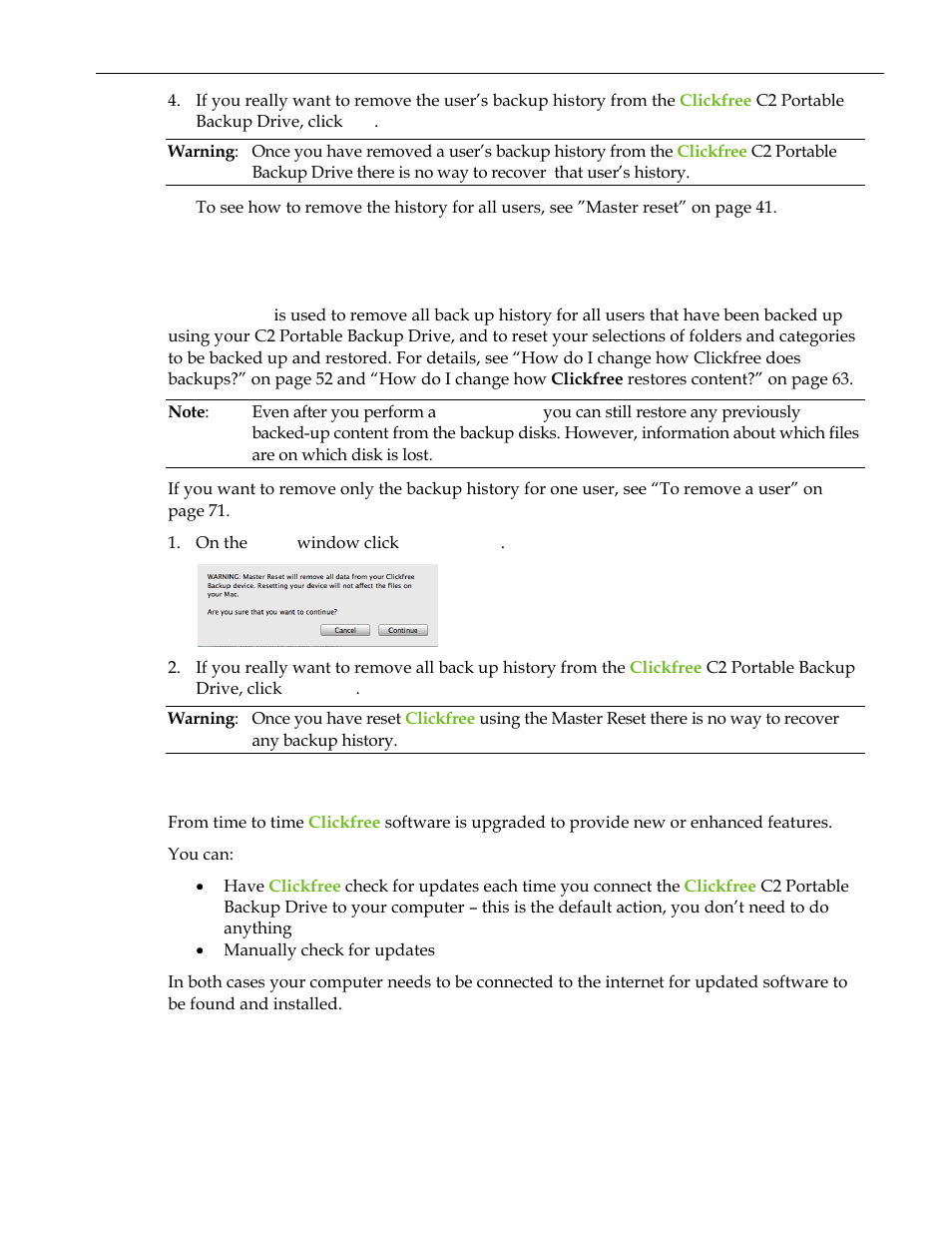Master reset, Updating clickfree software | Clickfree C2 User Manual | Page 72 / 76