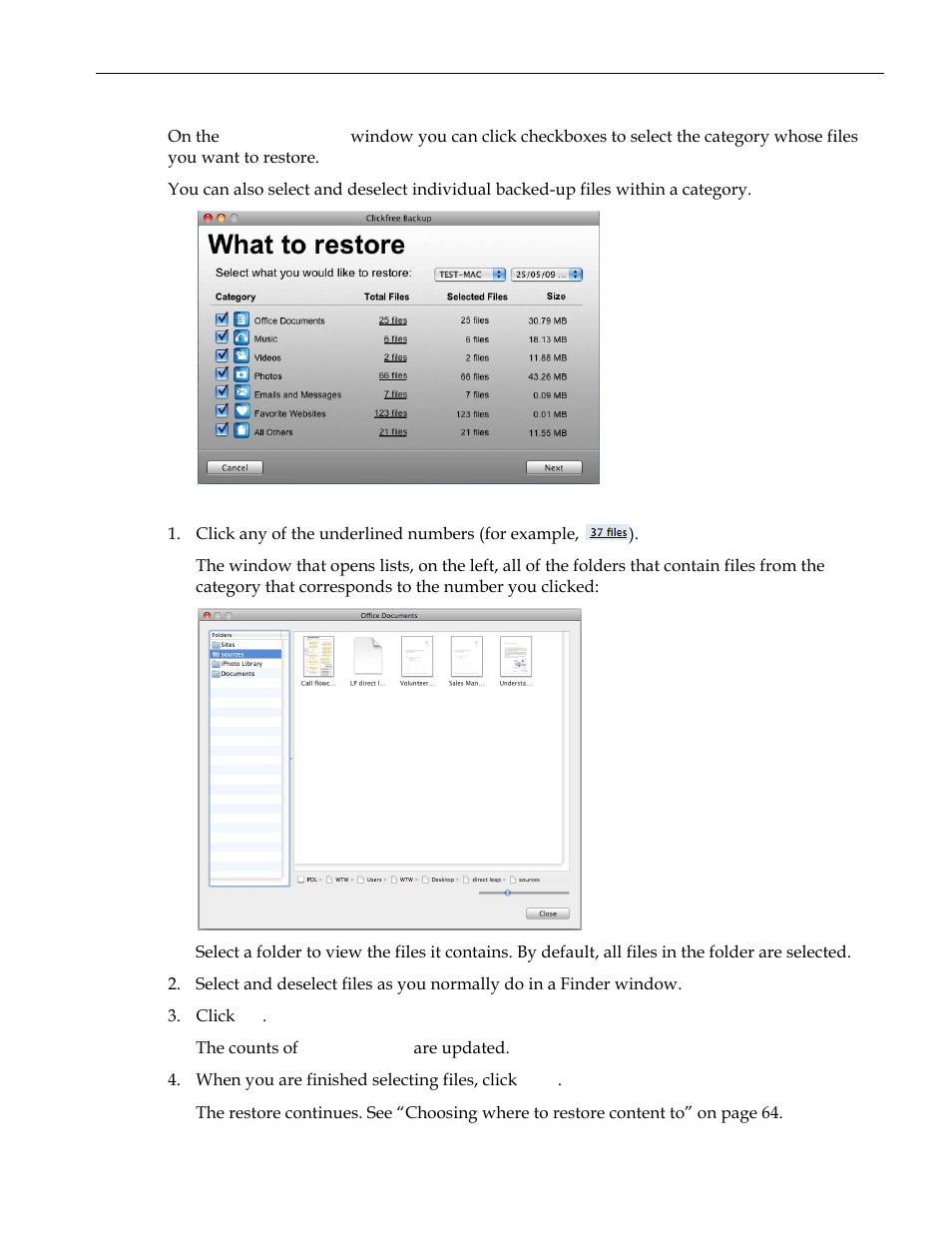 How do i choose individual files for restore, Ow do, Choose individual files for restore | Clickfree C2 User Manual | Page 74 / 76
