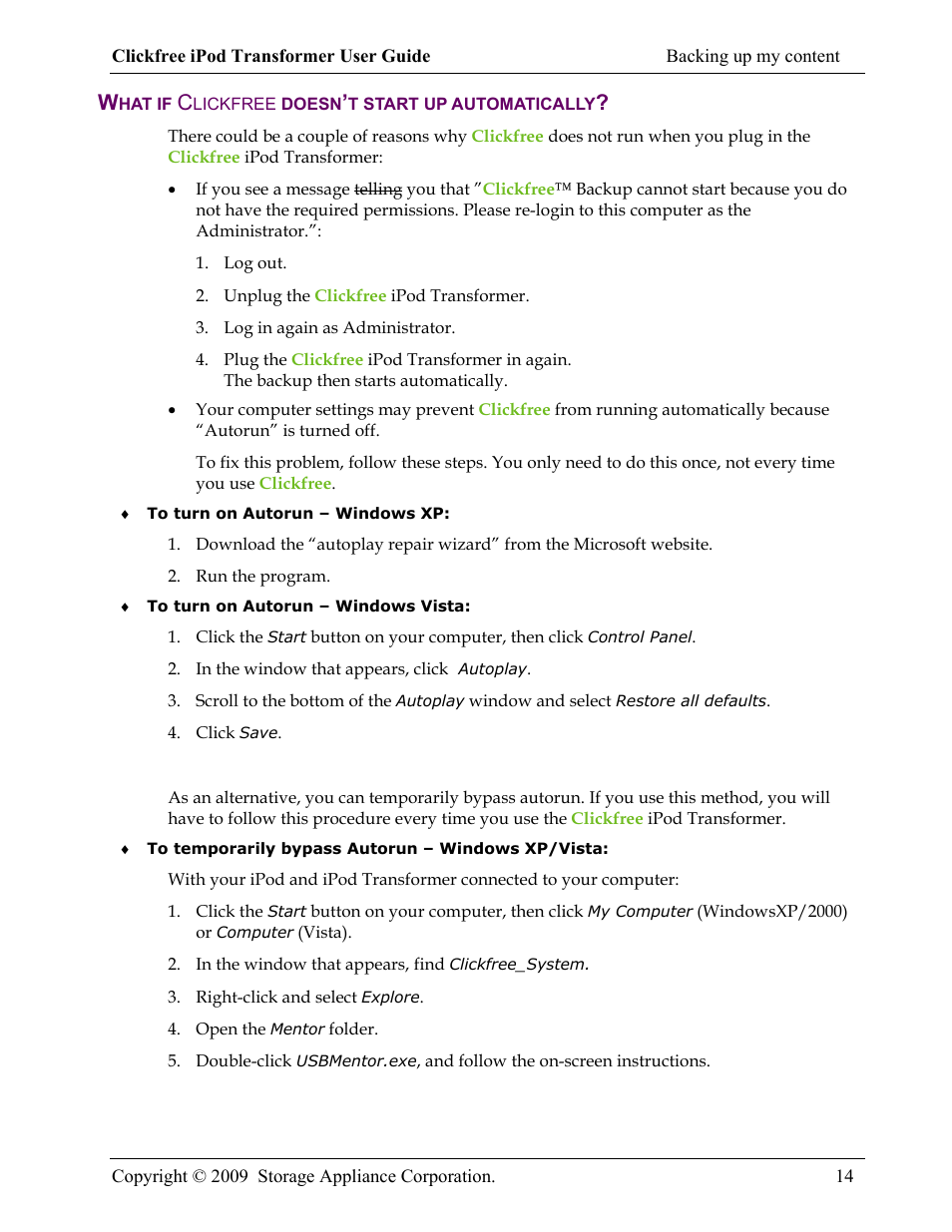 What if clickfree doesn’t start up automatically | Clickfree iPod Transformer User Manual | Page 14 / 67