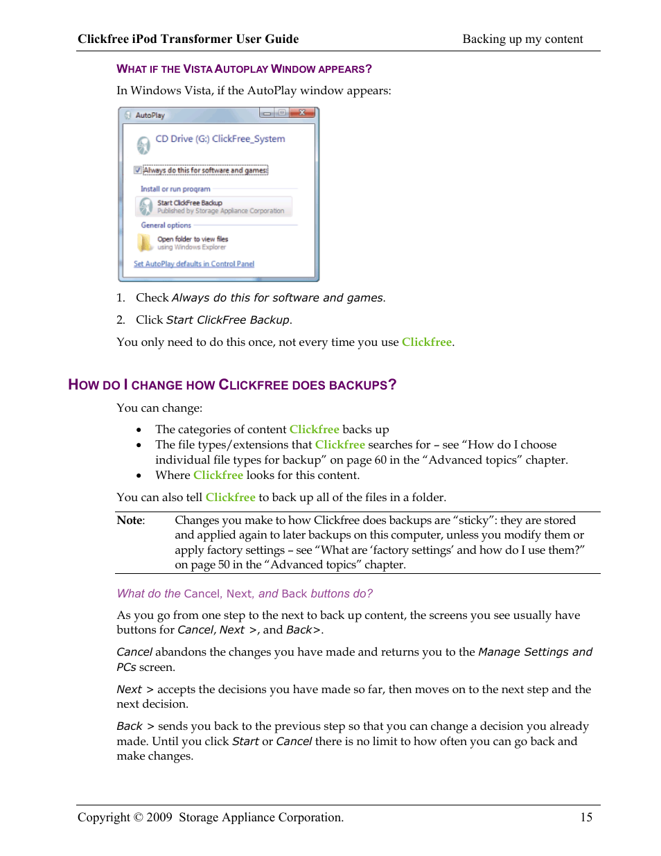 What if the vista autoplay window appears, How do i change how clickfree does backups | Clickfree iPod Transformer User Manual | Page 15 / 67