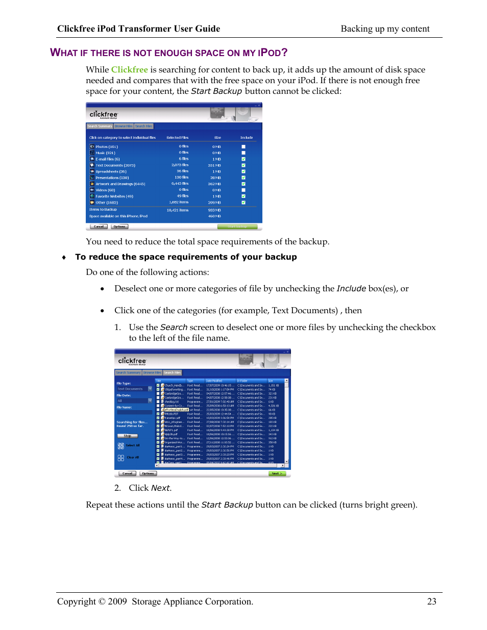 What if there is not enough space on my ipod | Clickfree iPod Transformer User Manual | Page 23 / 67