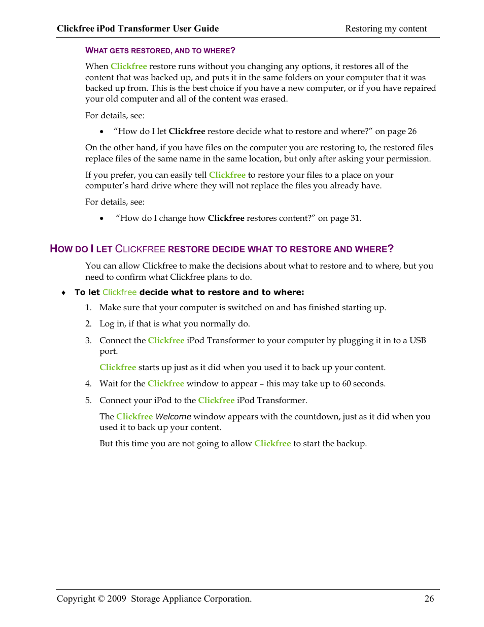 What gets restored, and to where | Clickfree iPod Transformer User Manual | Page 26 / 67
