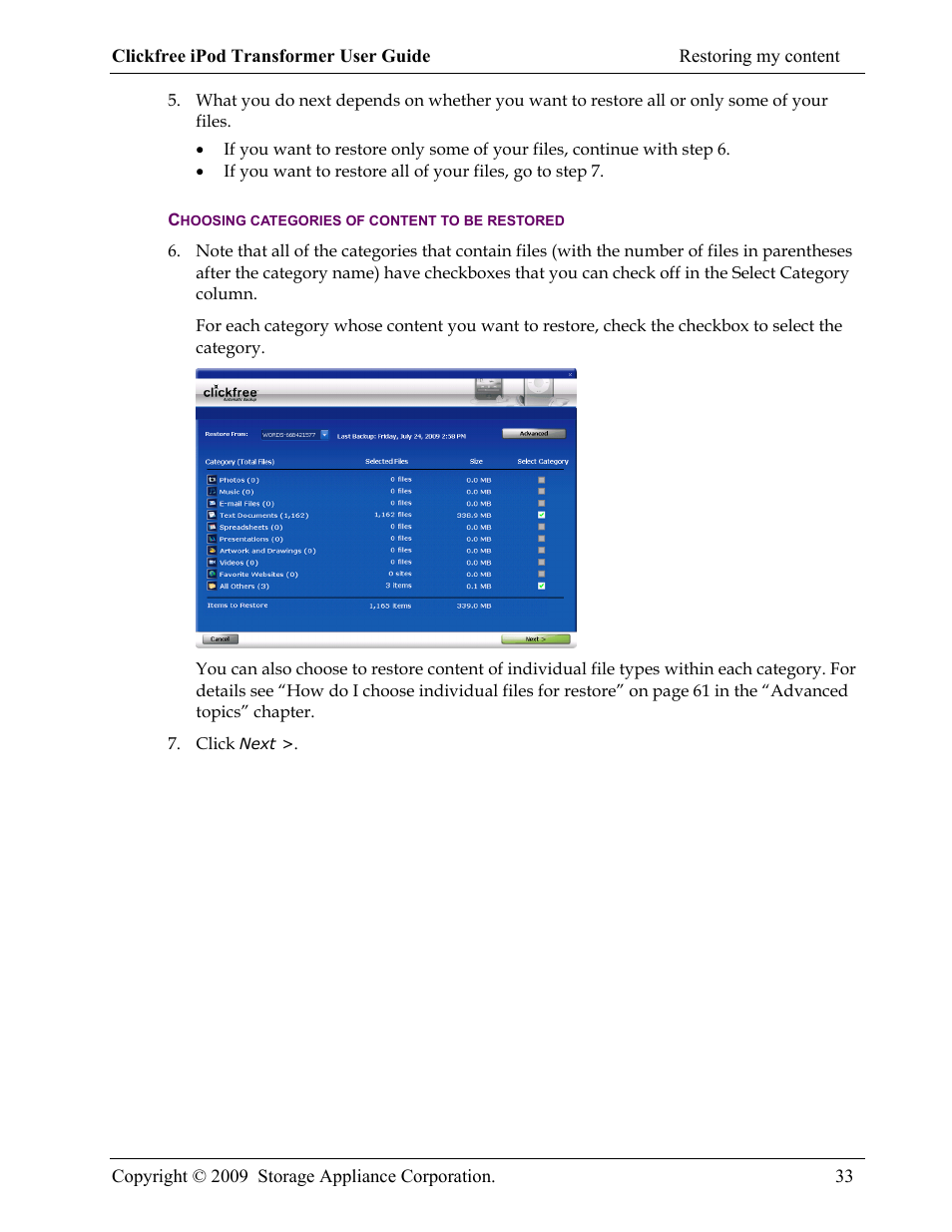 Choosing categories of content to be restored | Clickfree iPod Transformer User Manual | Page 33 / 67
