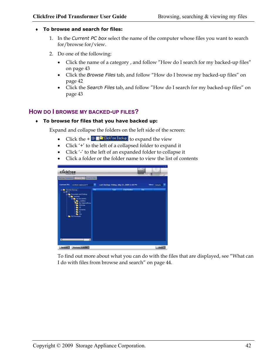 How do i browse my backed-up files | Clickfree iPod Transformer User Manual | Page 42 / 67