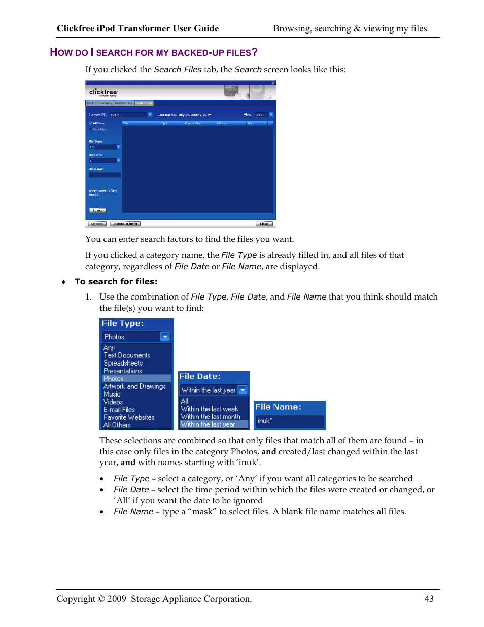 How do i search for my backed-up files | Clickfree iPod Transformer User Manual | Page 43 / 67