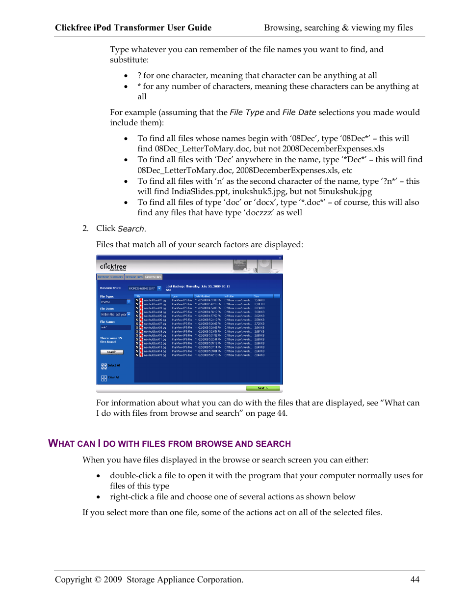 What can i do with files from browse and search | Clickfree iPod Transformer User Manual | Page 44 / 67