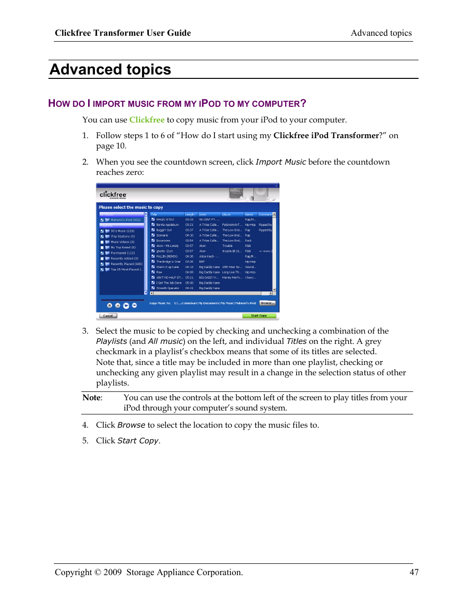 Advanced topics, How do i import music from my ipod to my computer | Clickfree iPod Transformer User Manual | Page 47 / 67