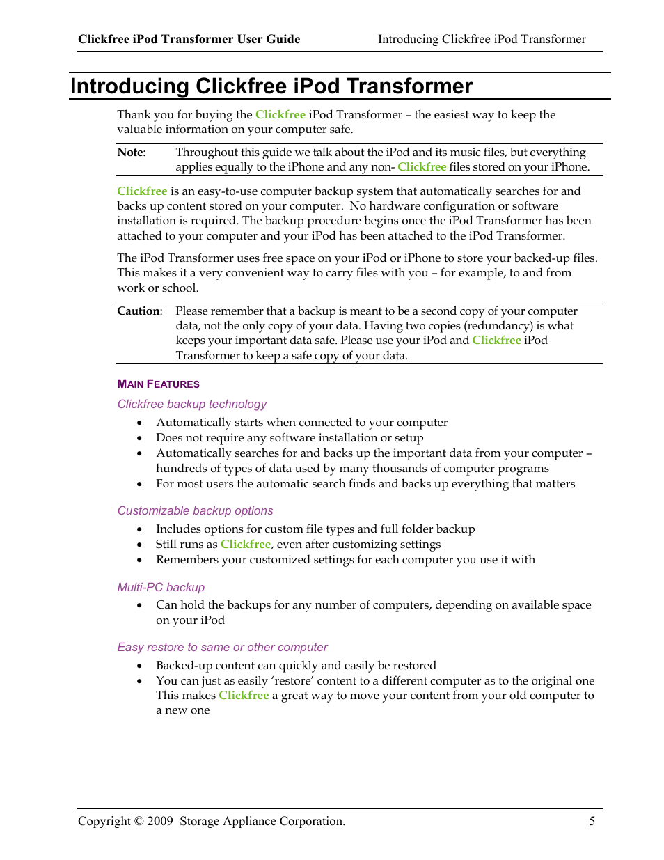 Introducing clickfree ipod transformer, Main features | Clickfree iPod Transformer User Manual | Page 5 / 67