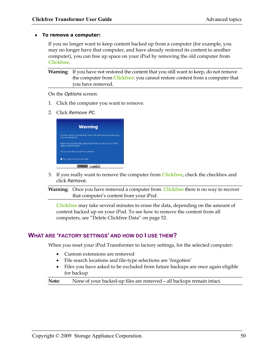 What are ‘factory settings’ and how do i use them | Clickfree iPod Transformer User Manual | Page 50 / 67