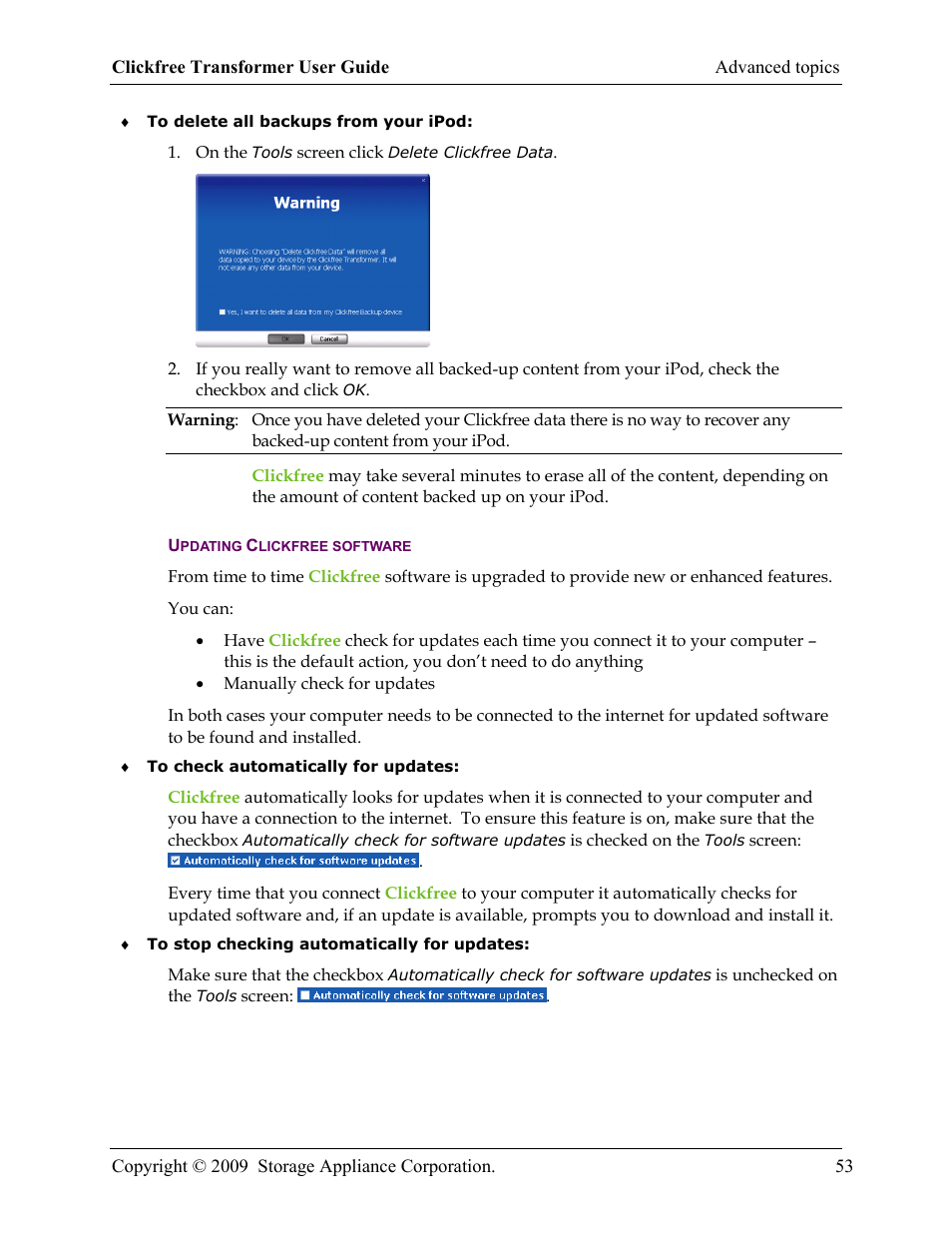 Updating clickfree software | Clickfree iPod Transformer User Manual | Page 53 / 67