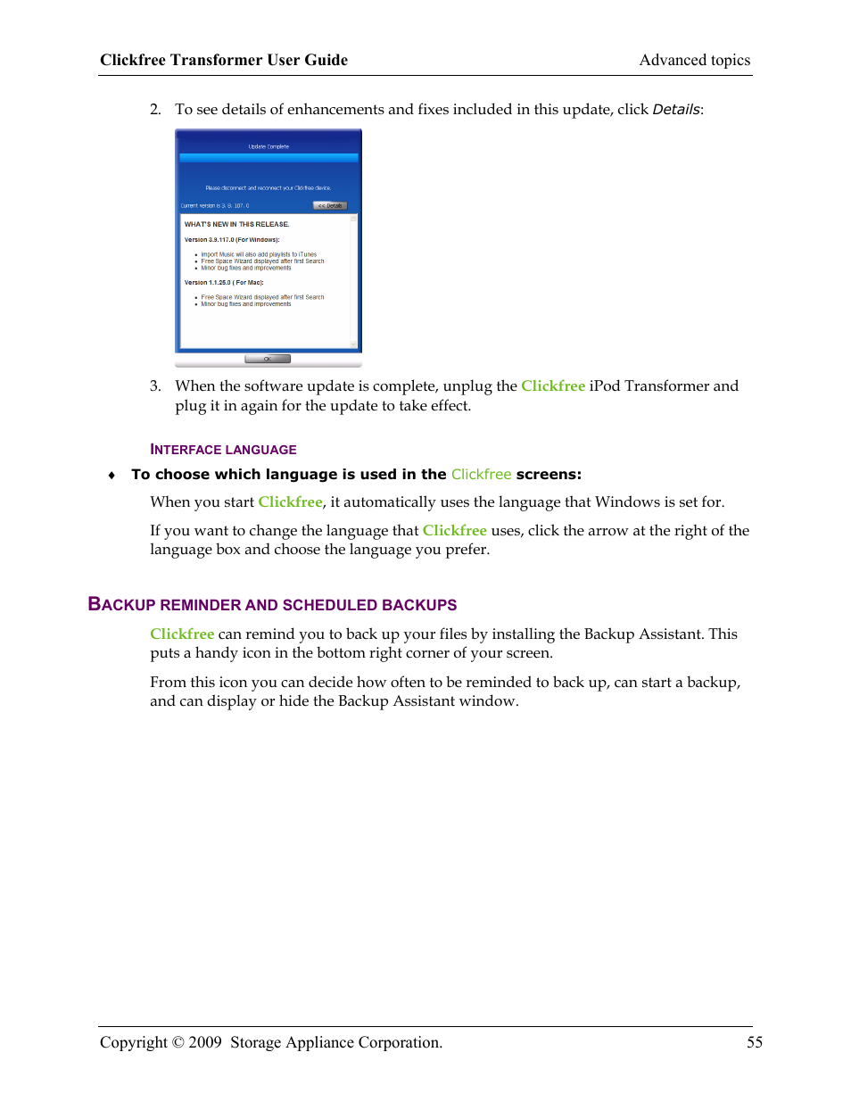 Interface language, Backup reminder and scheduled backups | Clickfree iPod Transformer User Manual | Page 55 / 67