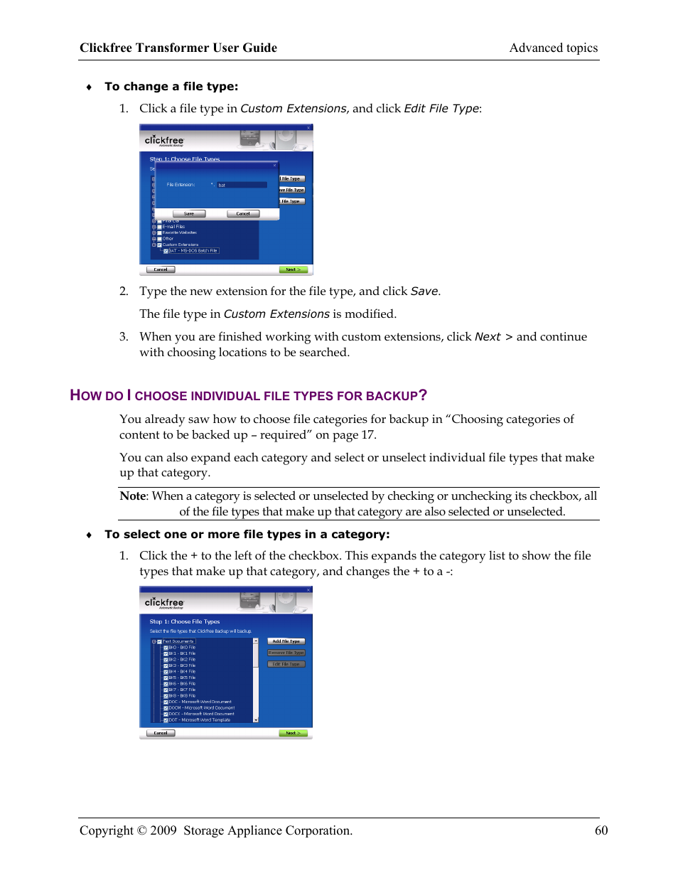 How do i choose individual file types for backup | Clickfree iPod Transformer User Manual | Page 60 / 67