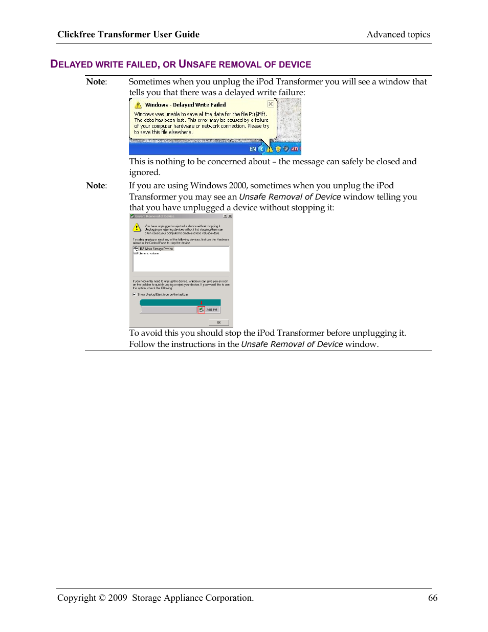 Delayed write failed, or unsafe removal of device | Clickfree iPod Transformer User Manual | Page 66 / 67