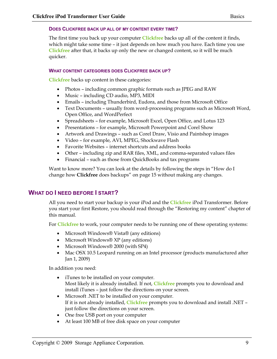 What content categories does clickfree back up, What do i need before i start | Clickfree iPod Transformer User Manual | Page 9 / 67