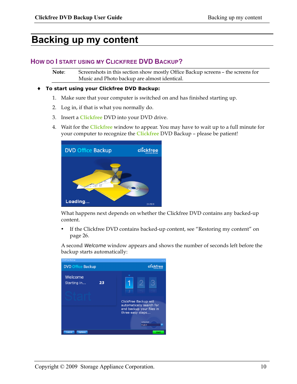 Backing up my content | Clickfree DVD Backup User Manual | Page 10 / 49