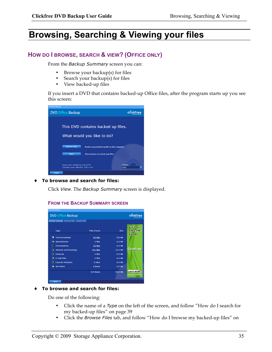 Browsing, searching & viewing your files | Clickfree DVD Backup User Manual | Page 35 / 49