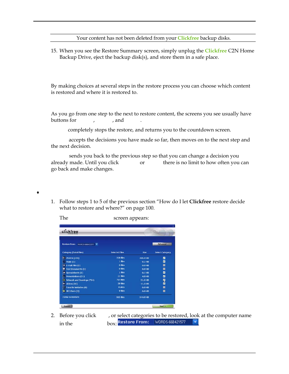 How do i change how clickfree restores content, What do the cancel, next, and back buttons do, Restoring content | Ow do, Change how, Lickfree restores content | Clickfree C2N User Manual | Page 105 / 135