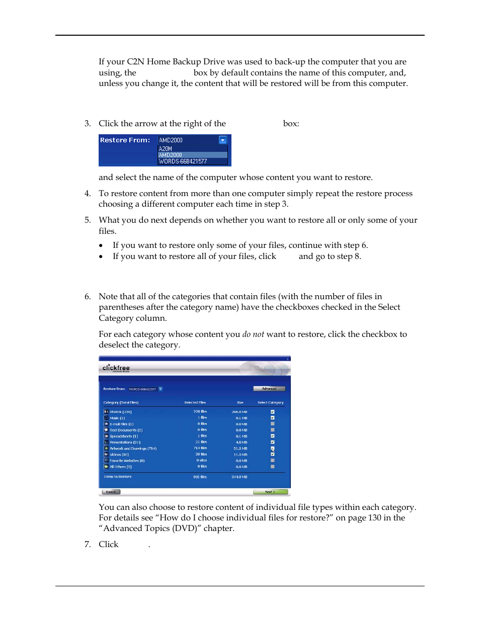 Choosing the computer to restore from, Choosing categories of content to be restored | Clickfree C2N User Manual | Page 106 / 135