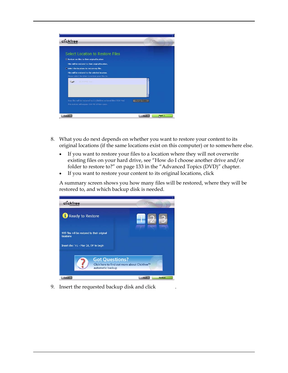 Choosing where to restore content to, Ep 8 | Clickfree C2N User Manual | Page 107 / 135