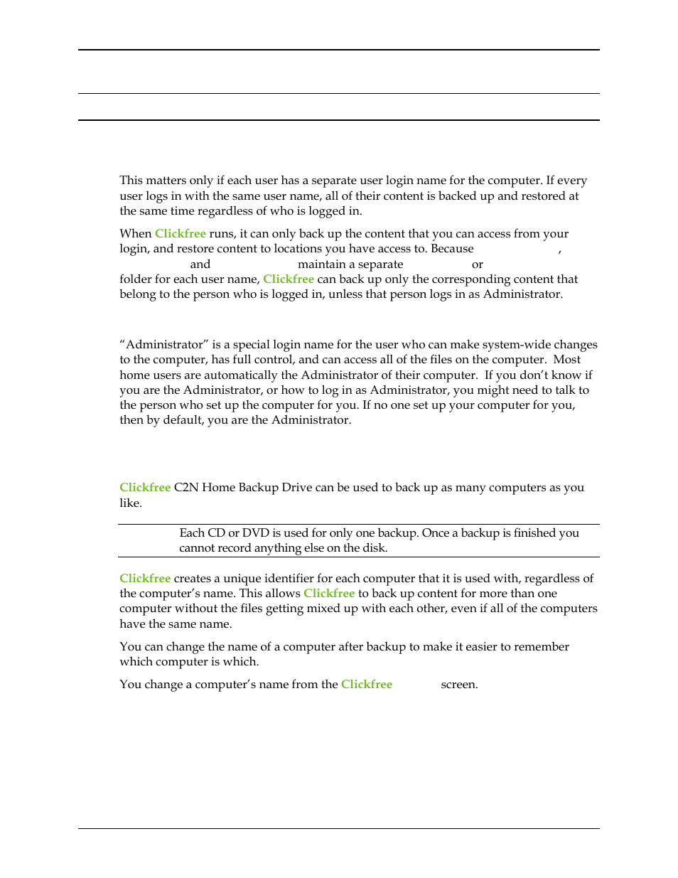 Advanced topics (dvd), What if there is more than one user on my computer, Administrator | What if i have more than one computer, Dvanced, Opics, Dvd) 120, Hat if there is more than one user on my computer, Hat if, Have more than one computer | Clickfree C2N User Manual | Page 120 / 135