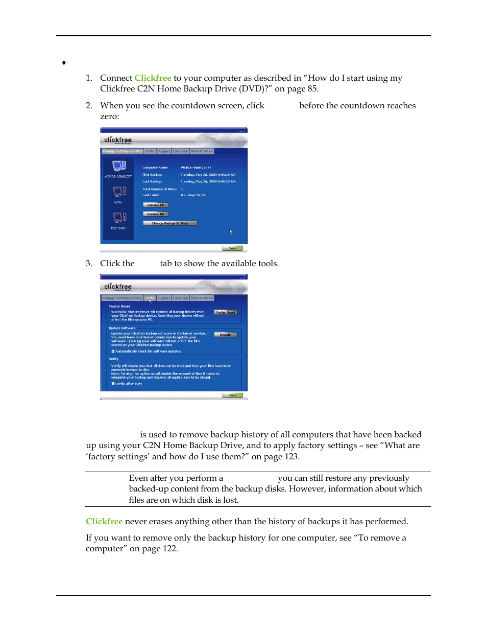 Master reset | Clickfree C2N User Manual | Page 125 / 135