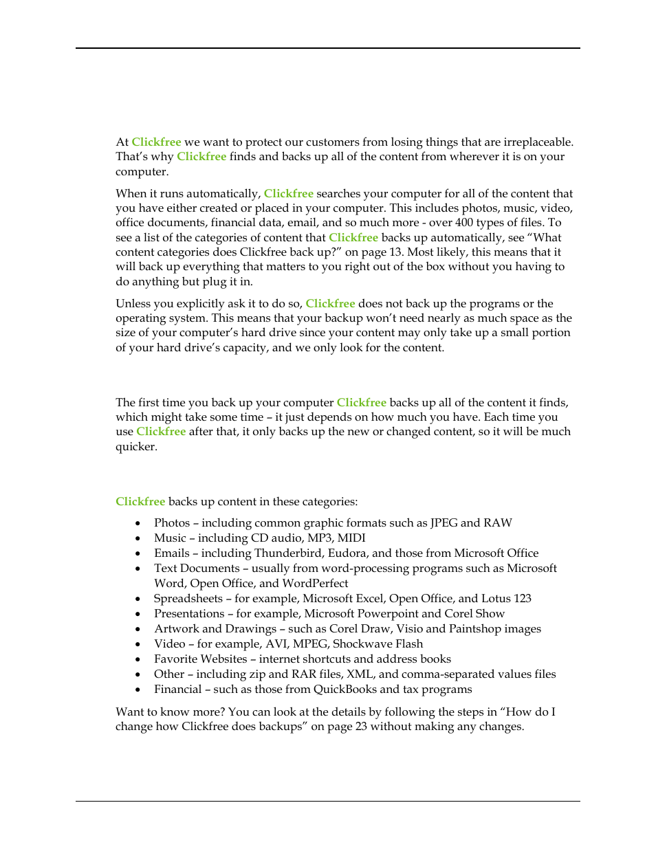 What gets backed up, Clickfree backs up content, What content categories does clickfree back up | Hat gets backed up | Clickfree C2N User Manual | Page 13 / 135