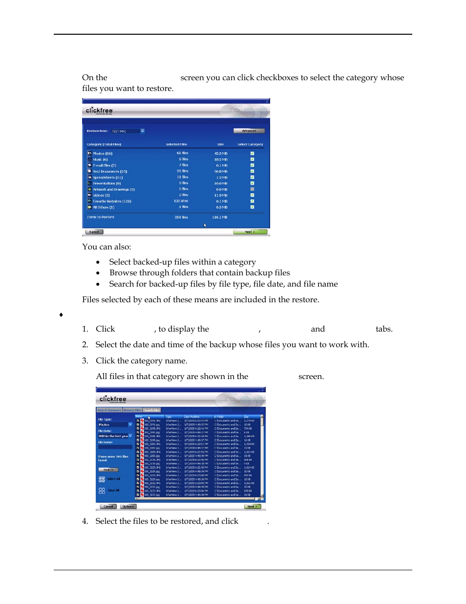 How do i choose individual files for restore, Ow do, Choose individual files for restore | Clickfree C2N User Manual | Page 130 / 135