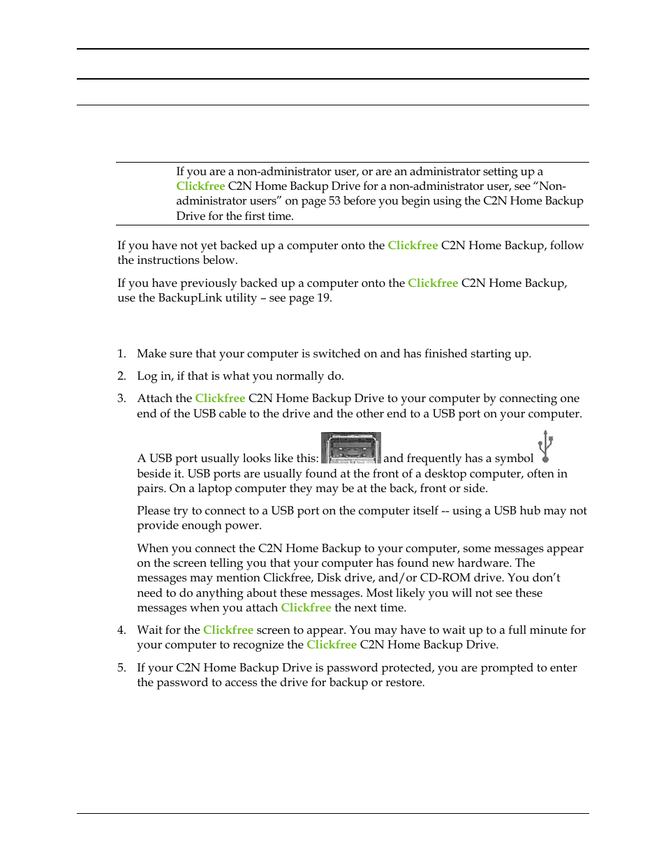 Backing up my content (hd), Backing up a computer the first time, Acking | Ontent, Hd) 15, Ow do, Start using my, Lickfree, Ackup, Rive | Clickfree C2N User Manual | Page 15 / 135