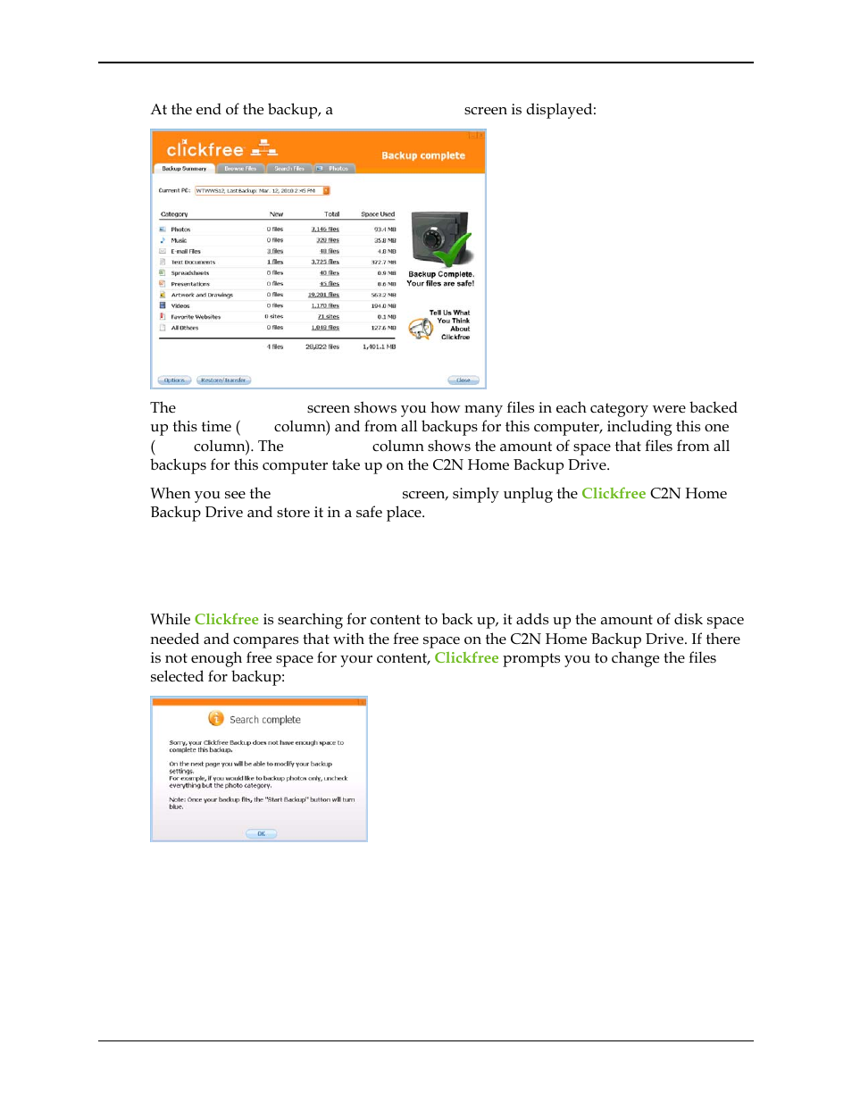 Hat if there is not enough space on my, Lickfree, Ackup | Rive | Clickfree C2N User Manual | Page 30 / 135