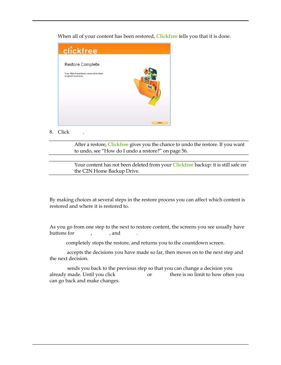 How do i change how clickfree restores content, What do the cancel, next, and back buttons do, Ow do | Change how, Lickfree restores content | Clickfree C2N User Manual | Page 37 / 135