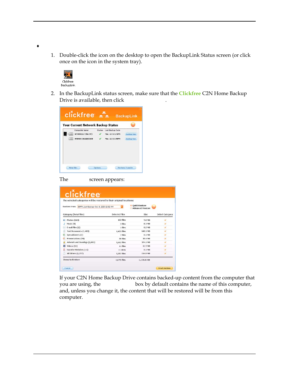 Restoring content | Clickfree C2N User Manual | Page 38 / 135