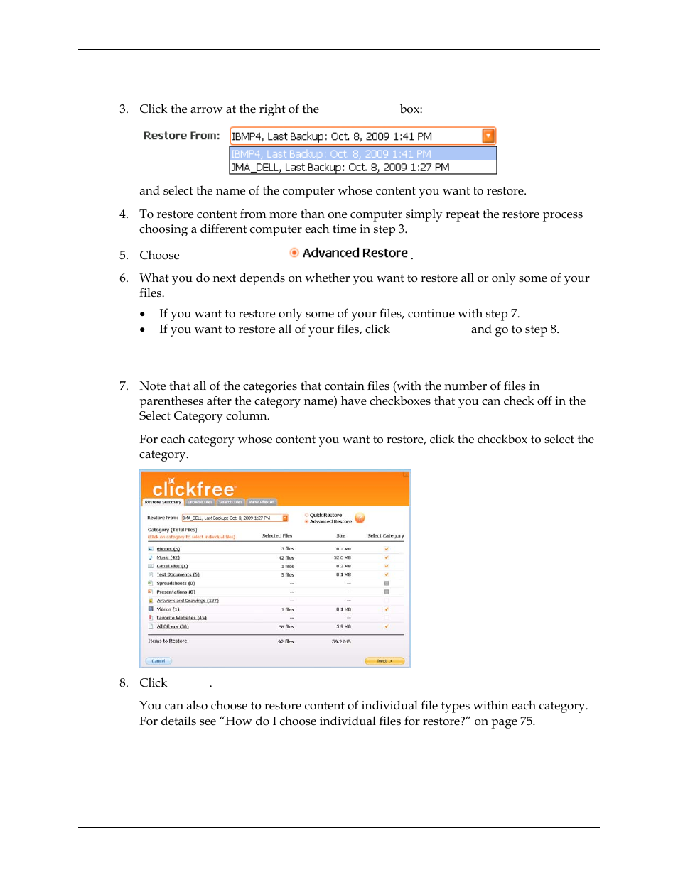 Choosing the computer to restore from, Choosing categories of content to be restored | Clickfree C2N User Manual | Page 39 / 135