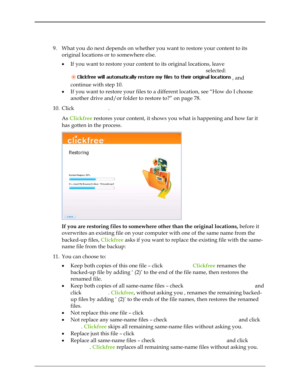 Choosing where to restore content to, Step 7 | Clickfree C2N User Manual | Page 40 / 135
