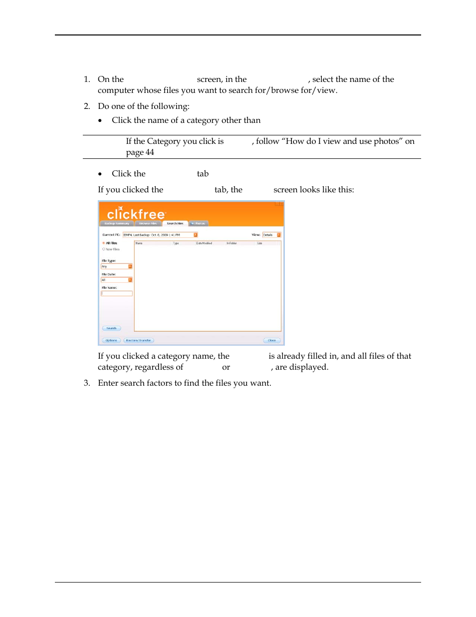 How do i search for my backed-up files, Ow do, Search for my backed | Up files, Llow ”how do i search for my backed-up | Clickfree C2N User Manual | Page 49 / 135