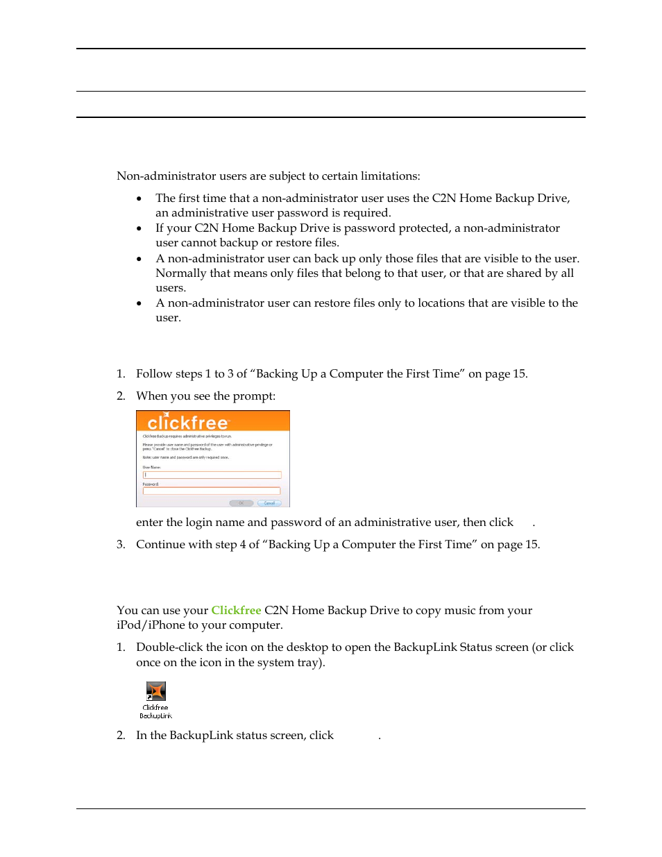Advanced topics (hd), Non-administrator users, Non-administrator user – first use | How do i import music from my ipod to my computer, Dvanced, Opics, Hd) 53, Administrator users, Ow do, Import music from my i | Clickfree C2N User Manual | Page 53 / 135