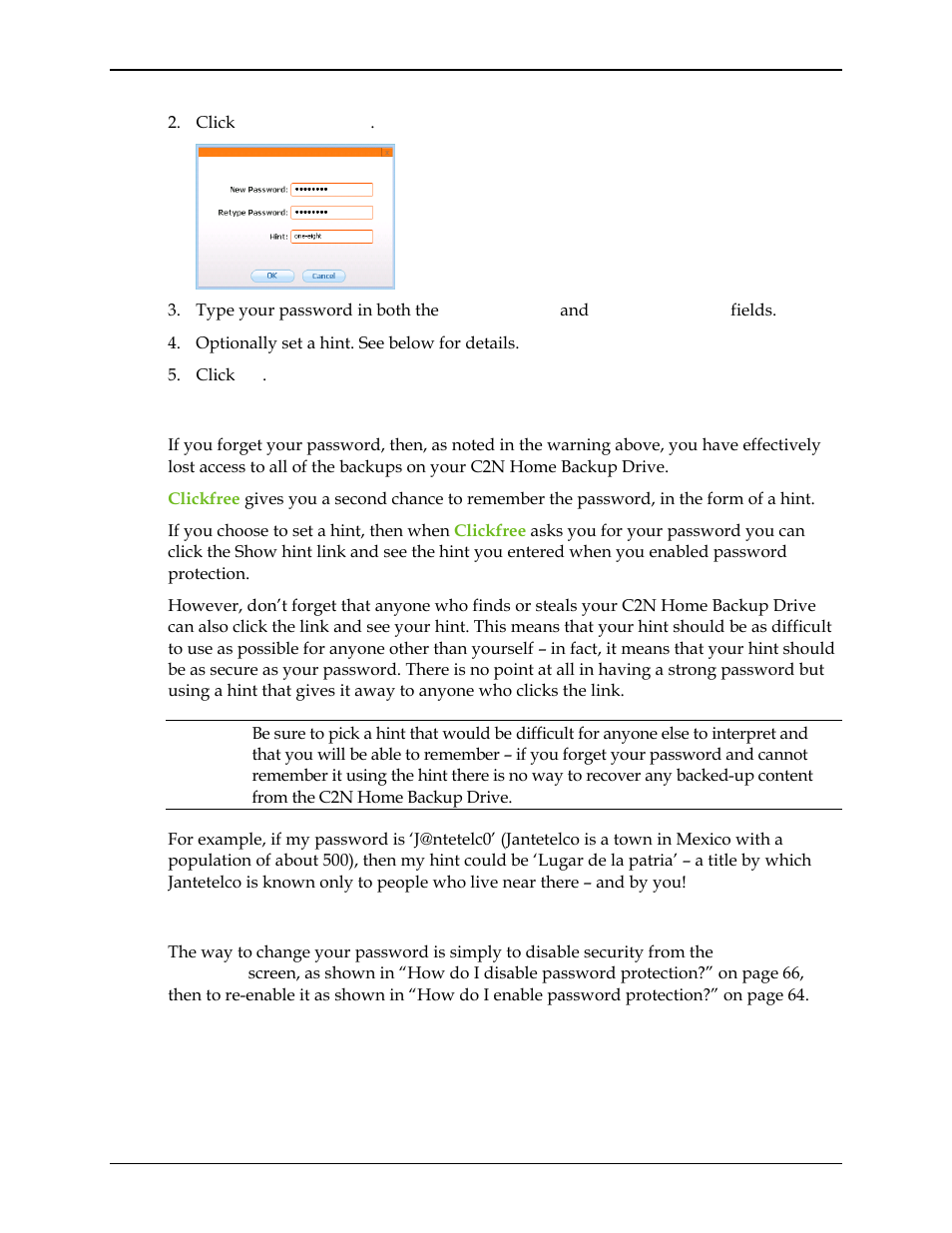 How does setting a ‘hint’ help me, Can i change my password | Clickfree C2N User Manual | Page 65 / 135
