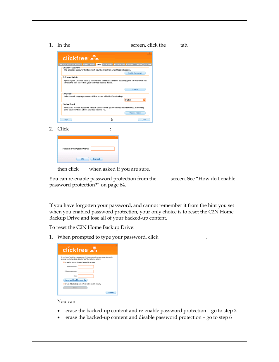 How do i disable password protection, What if i forget my password | Clickfree C2N User Manual | Page 66 / 135