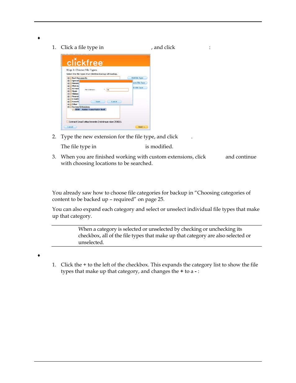 How do i choose individual file types for backup, Ow do, Choose individual file types for backup | See “how do i choose, Individual file types for backup | Clickfree C2N User Manual | Page 73 / 135