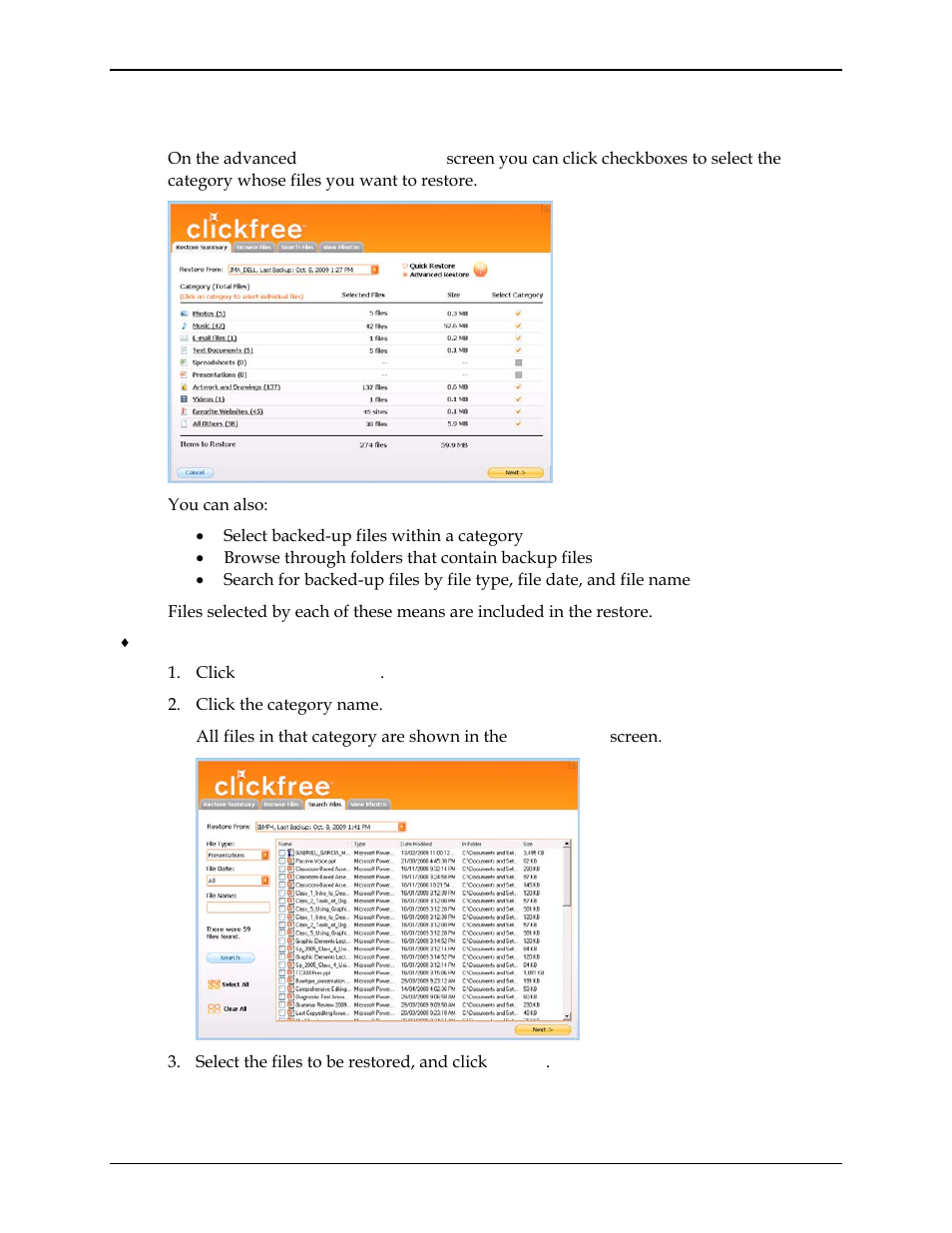 How do i choose individual files for restore, Ow do, Choose individual files for restore | Clickfree C2N User Manual | Page 75 / 135