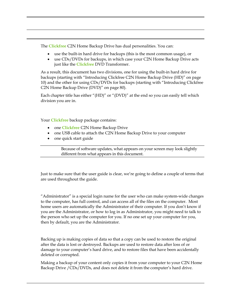 Using the clickfree c2n home backup drive, Package contents, Definitions | Administrator, Back up and restore, Sing the, Lickfree, Ackup, Rive | Clickfree C2N User Manual | Page 8 / 135