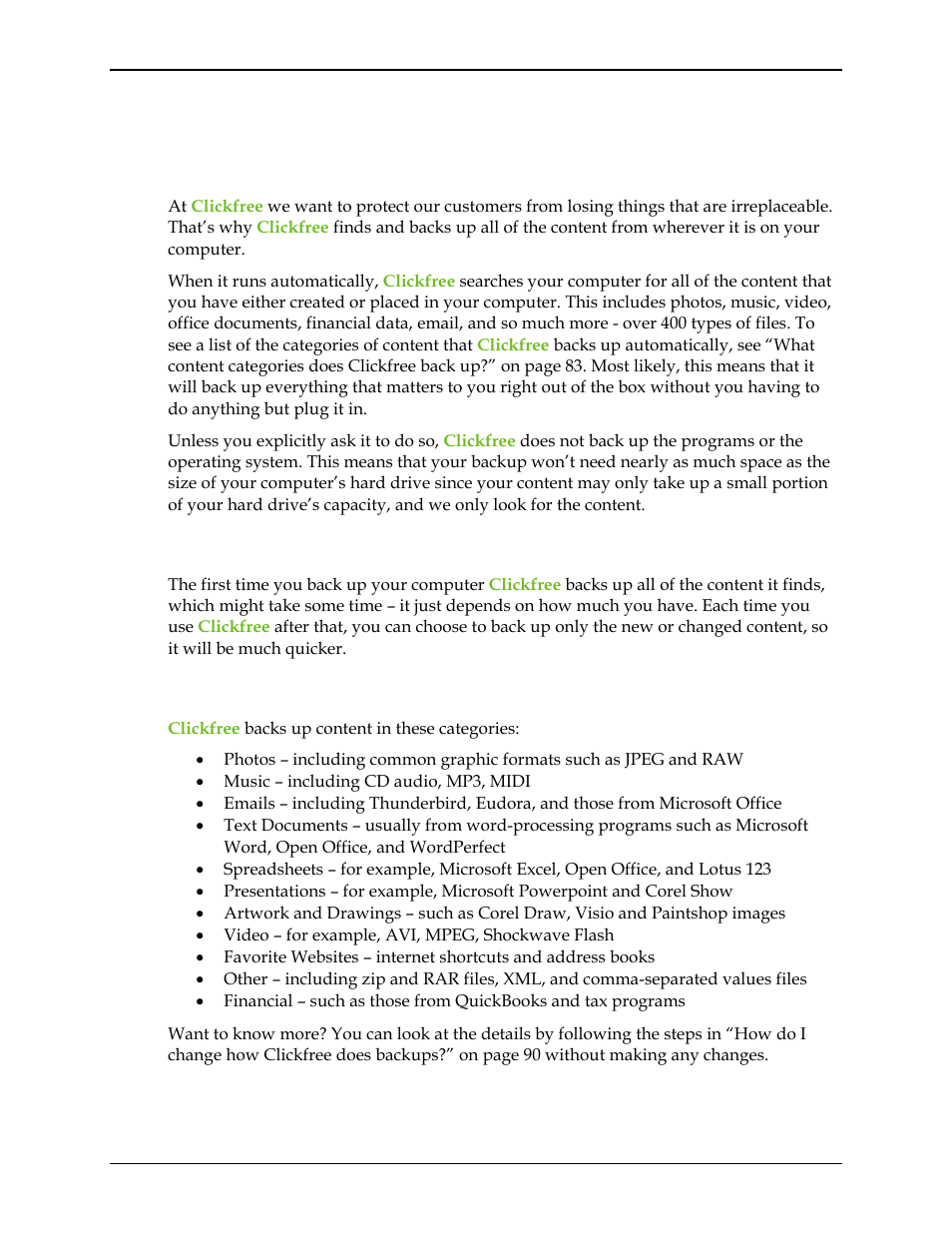 What gets backed up, Clickfree backs up content, What content categories does clickfree back up | Hat gets backed up | Clickfree C2N User Manual | Page 83 / 135