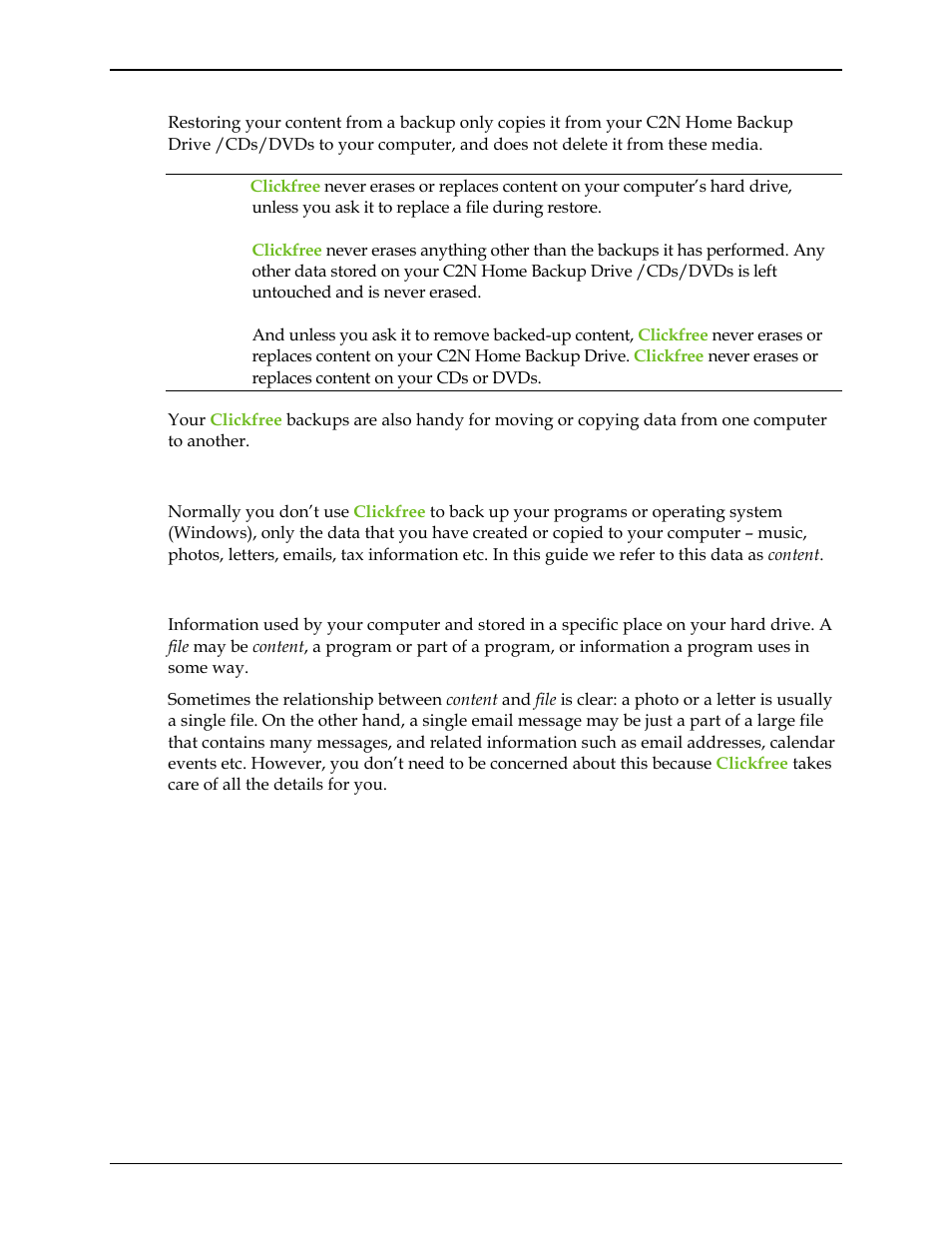 Content, File | Clickfree C2N User Manual | Page 9 / 135